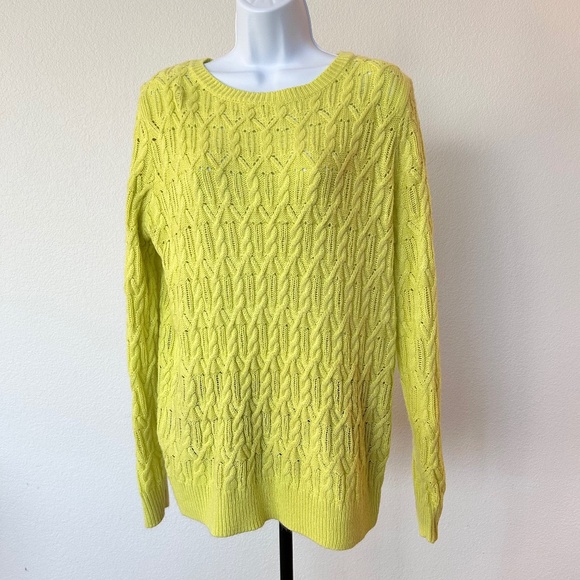 Forever 21 Crew Neck Loose Cable Knit Sweater Womens Sz L Bright Yellow Lime - Picture 1 of 7